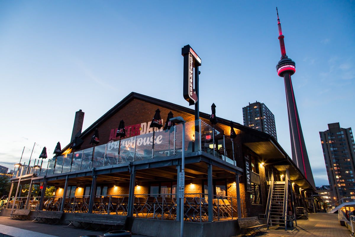 The lakeside front of the Amsterdam Brewhouse, showing the outdoor seating options